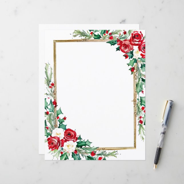 Papel de papelaria de Natal com azevinho e rosas (Frente/Verso In Situ)