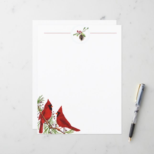 Papel de papelaria de Natal com cardeais e abetos (Frente/Verso In Situ)