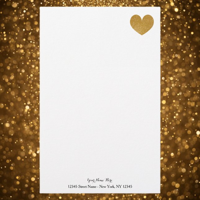 Papel de papelaria personalizado com coração doura (gold heart stationery paper)