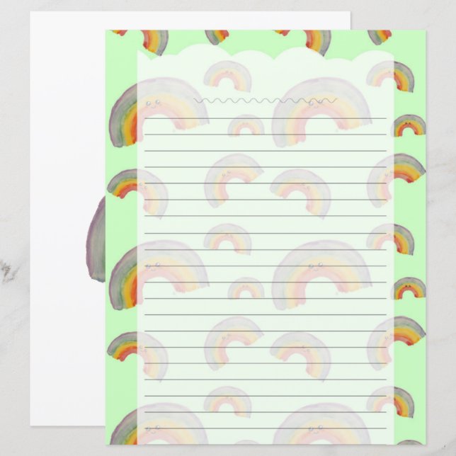 Papel de Papelaria Verde Pastel Kawaii Arco-íris (Frente/Verso)
