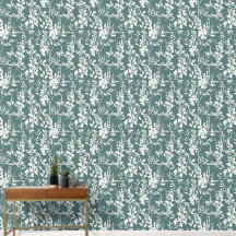 Papel de parede Flora em verde-azulado e branco 