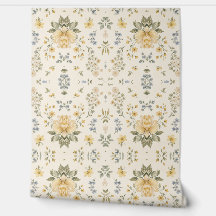 Papel de Parede Floral Amarelo Azul - Padrão Botân