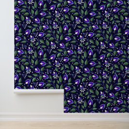 Papel de parede floral em Marinho e roxo