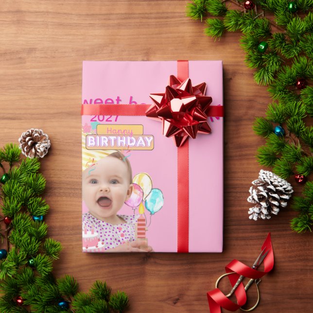 Papel De Presente 1º Primeiro Aniversário Rosa Design de Foto Person (Presente de Natal)