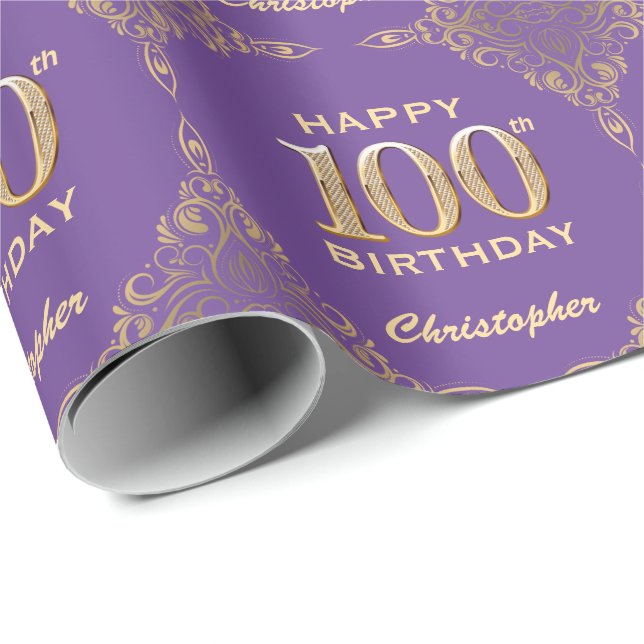 Papel De Presente 100º aniversário da Roxa e da Dourada Glitter Fram (Ponta do rolo)