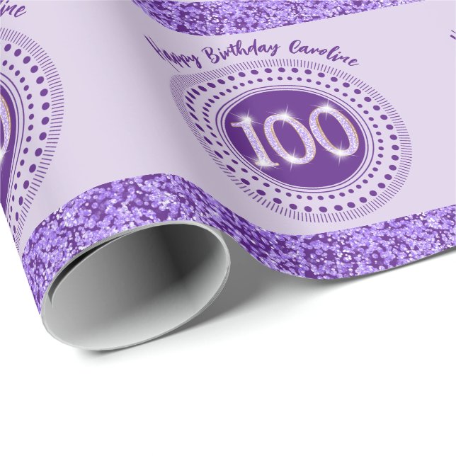 Papel De Presente 100.º Aniversário Glitter Roxo com Stripes (Ponta do rolo)
