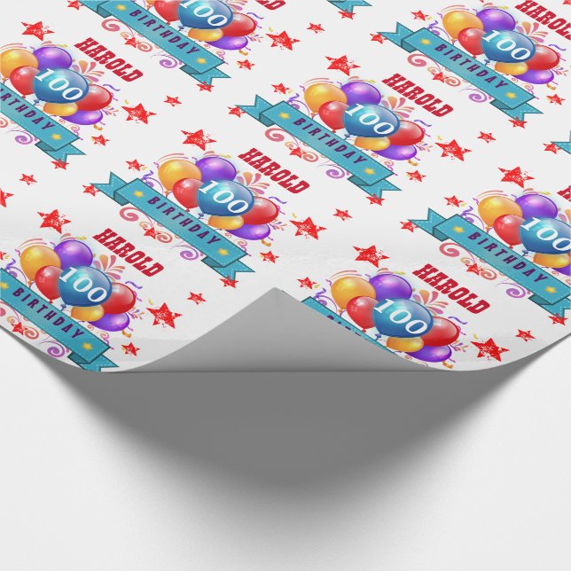 Papel De Presente 100th Balões do aniversário e estrelas festivos (Ponta)
