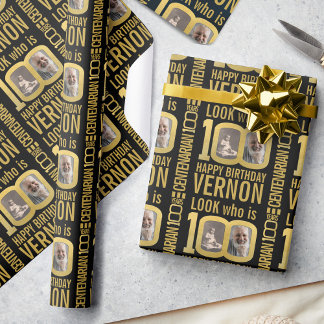Papel De Presente 100th birthday black gold custom photos name