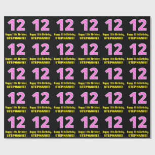 Papel De Presente 12 Aniversário: Listras e Corações Rosa "12" +