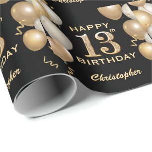 Papel De Presente 13 Birthday Black and Dourado Glitter Balloons