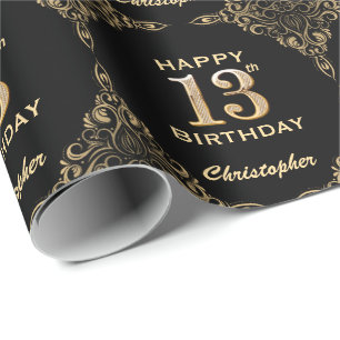 Papel De Presente 13 Birthday Black and Dourado Glitter Frame