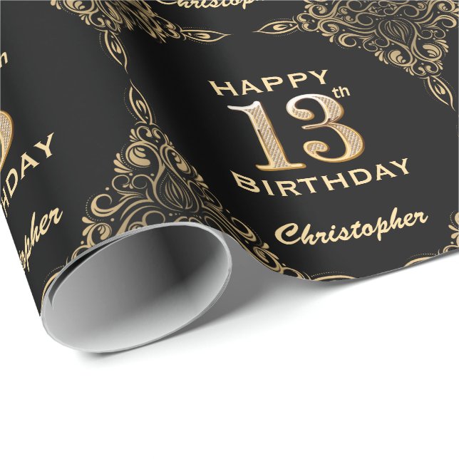 Papel De Presente 13 Birthday Black and Dourado Glitter Frame (Ponta do rolo)