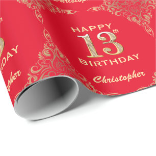 Papel De Presente 13 Birthday Red and Dourado Glitter Frame