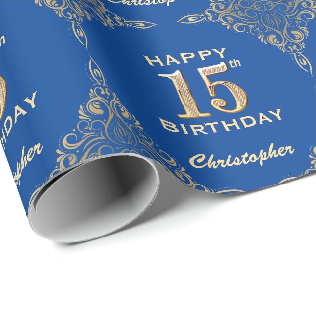 Papel De Presente 15 Birthday Blue e Dourado quadro Glitter (Ponta do rolo)