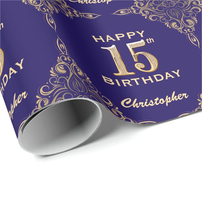 Papel De Presente 15 Birthday Marinho Azul e Dourado Quadro Glitter (Ponta do rolo)