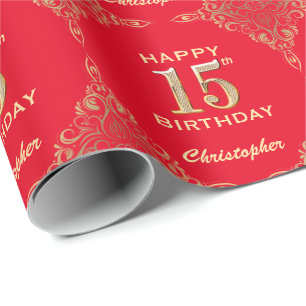 Papel De Presente 15 Birthday Red and Dourado Glitter Frame