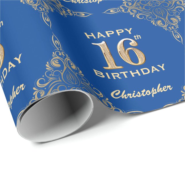 Papel De Presente 16º aniversário - Quadro Azul e Dourado (Ponta do rolo)