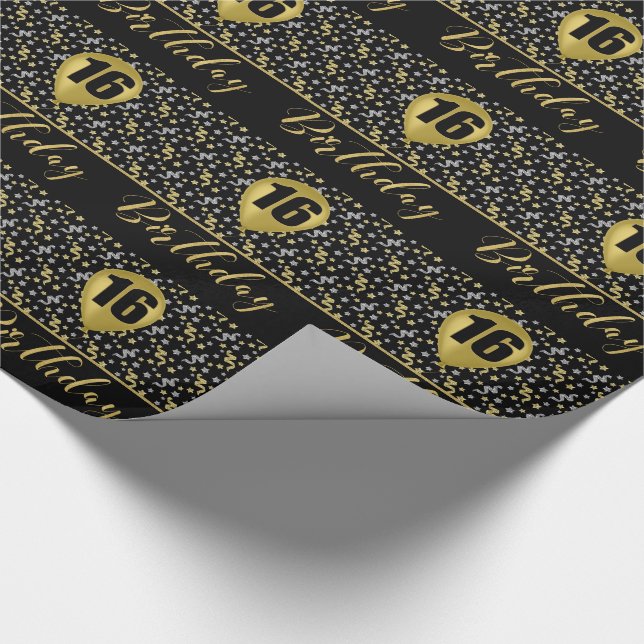 Papel De Presente 16º Balão Dourado de Aniversário a Preto com Confe (Ponta)