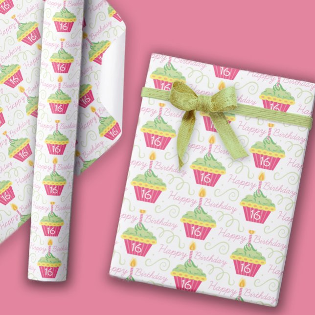 Papel De Presente 16.º Cupcake Gráfico de Aniversário (Criador carregado)