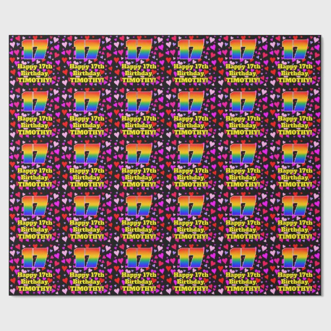 Papel De Presente 17º aniversário: Padrão de coração adorável, arco- (Aberto)