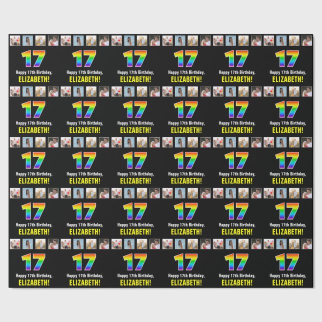 Papel De Presente 17.º aniversário: Arco-íris "17"; Fotos e nome per (Barra)