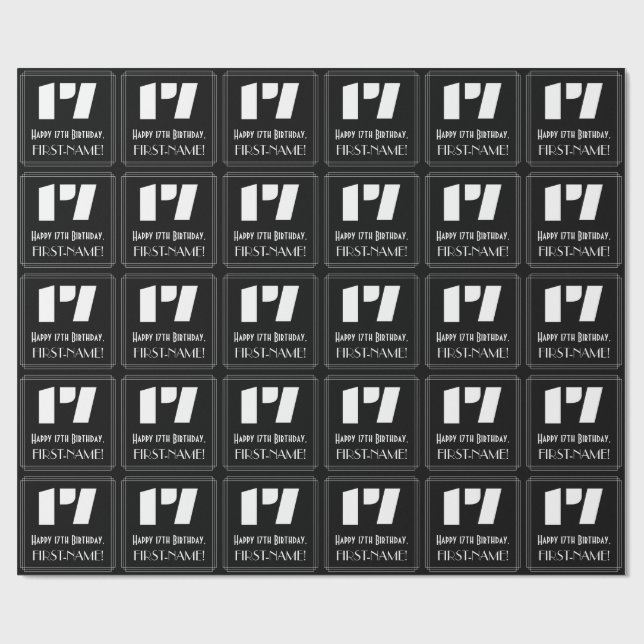 Papel De Presente 17.º aniversário: Art Deco Inspirou "17" & Nome (Aberto)