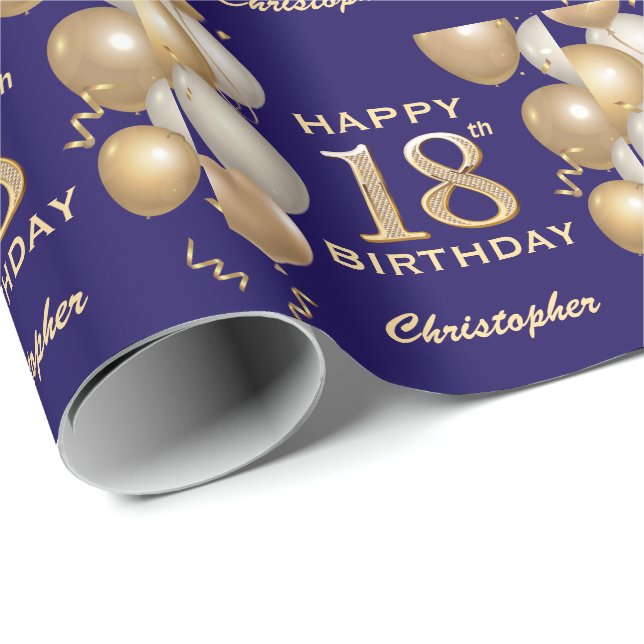 Papel De Presente 18º Balões Azuis e Dourados de Marinho de Aniversá (Ponta do rolo)