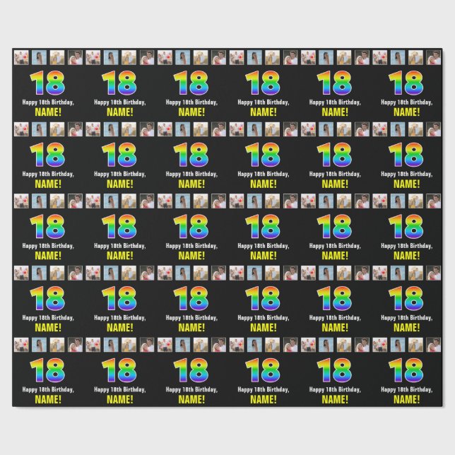 Papel De Presente 18.º aniversário: Rainbow "18"; Fotos e nome perso (Barra)