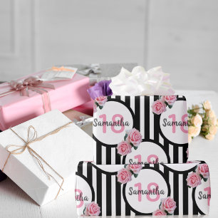 Papel De Presente 18.º aniversário - rosas rosa-chic - listras bra