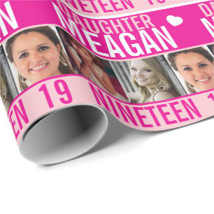 Papel De Presente 19.º aniversário 3 fotos filhas rosa embrulhando