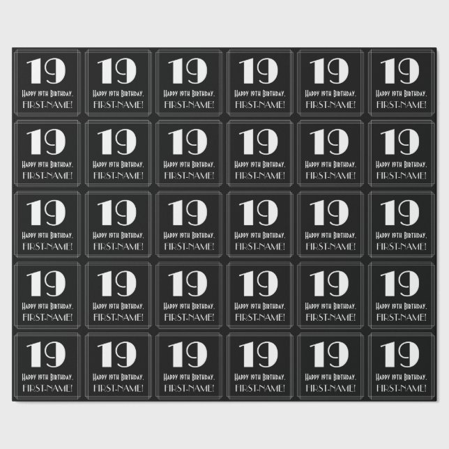 Papel De Presente 19.º aniversário - Art Deco Inspirou "19", Nome (Barra)