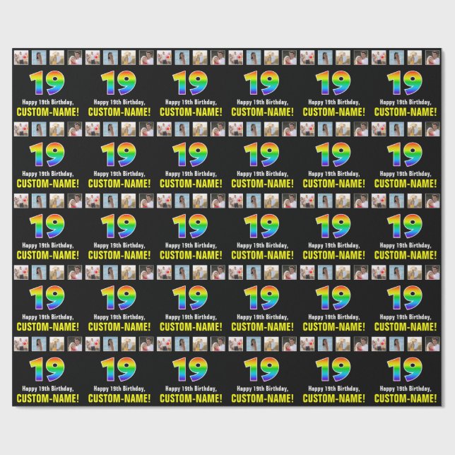 Papel De Presente 19.º aniversário: Rainbow "19"; Fotos e nome perso (Aberto)