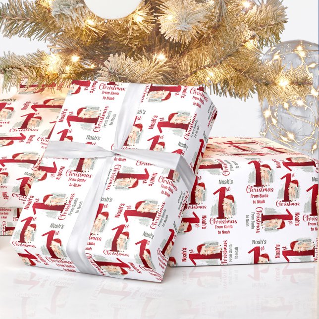 Papel De Presente 1rua de Natal Nome do Veado Santa Chapéu Vermelho  (1st Christmas Deer Name Santa Hat Red Number One Wrapping Paper)