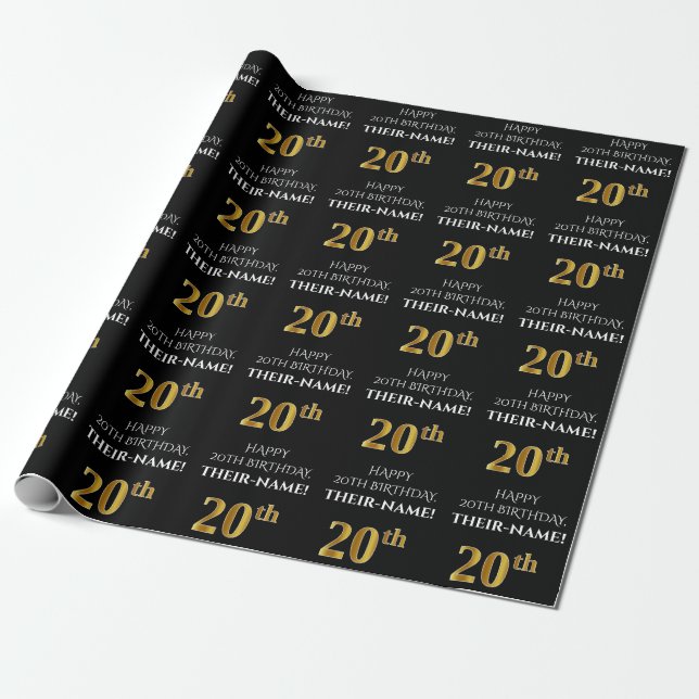 Papel De Presente 20 Aniversário: Elegante, Preto, Faux Dourado (Desenrolado)