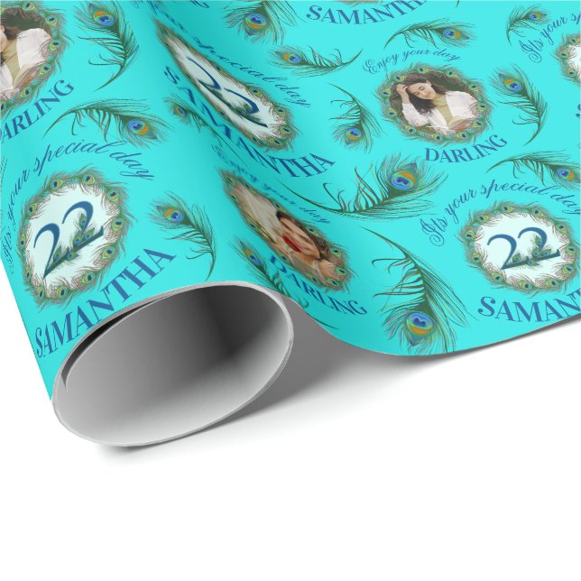 Papel De Presente 22 Peacock Feather Fully Editable Custom Photo (Ponta do rolo)