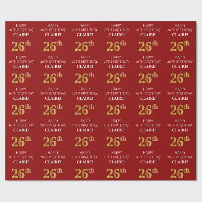 Papel De Presente 26º aniversário: Elegante, Vermelho, Faux Dourado  (Aberto)