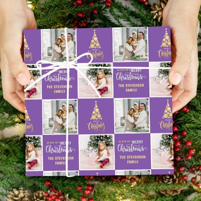 Papel De Presente 2 Foto Elegante Feliz Natal Dourado Roxo (Criador carregado)
