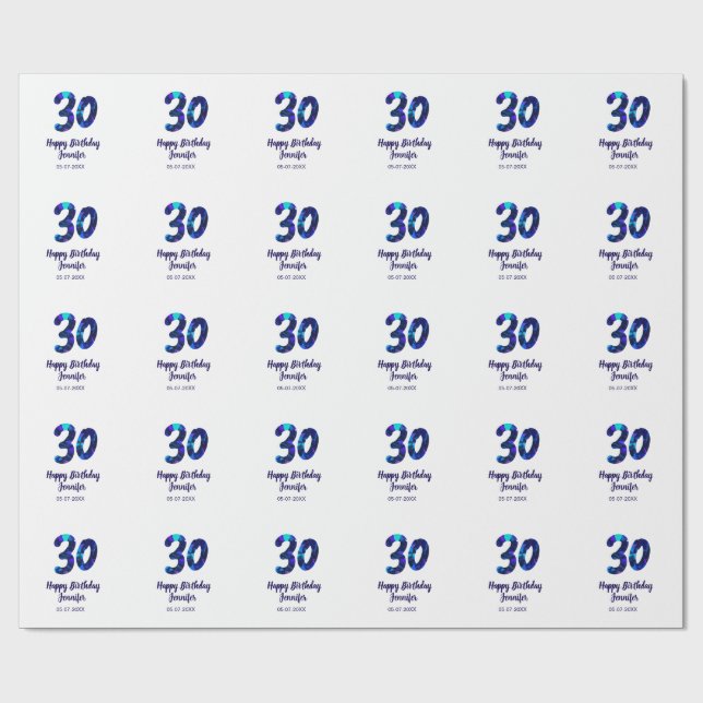 Papel De Presente 30th birthday add name date year blue sparkle  (Aberto)