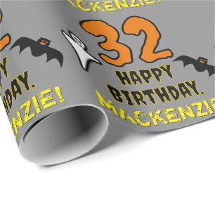 Papel De Presente 32º Aniversário: Tema do Dia das Bruxas, Nome Pe