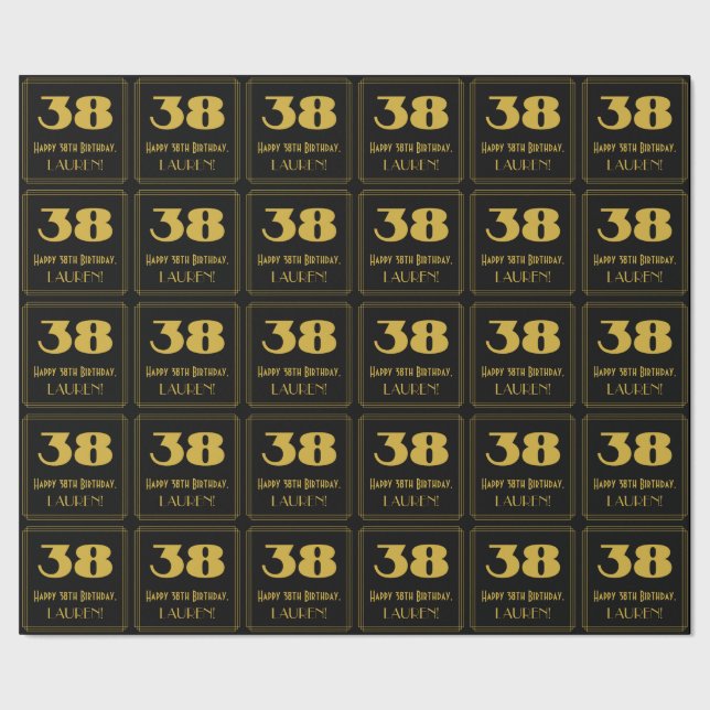 Papel De Presente 38.º aniversário - Art Deco Inspirou "38" & Nome (Barra)