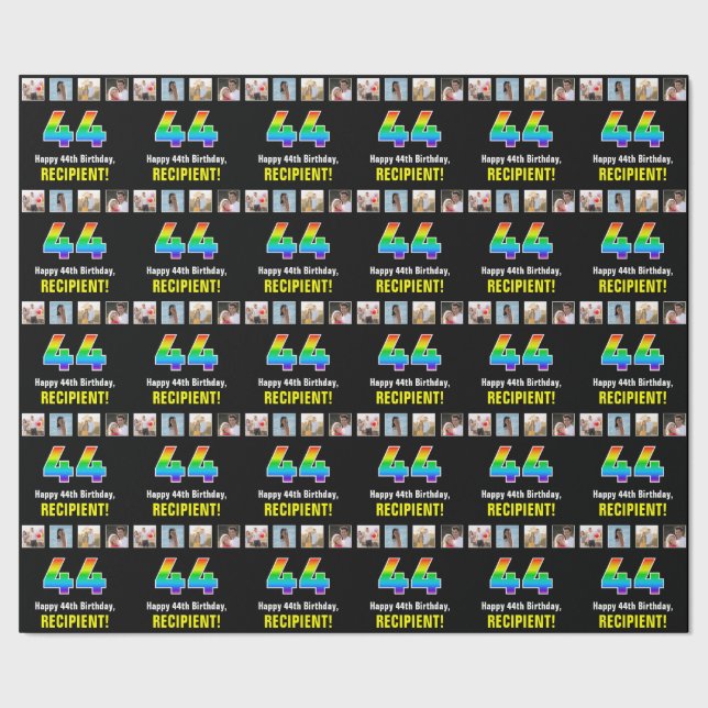 Papel De Presente 44 Aniversário: Arco-Íris "44"; Fotografias e Nome (Barra)