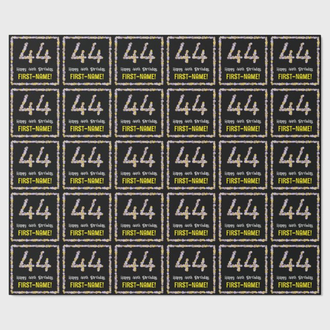 Papel De Presente 44 Aniversário: Número de Flores Florais, Nome Per (Barra)