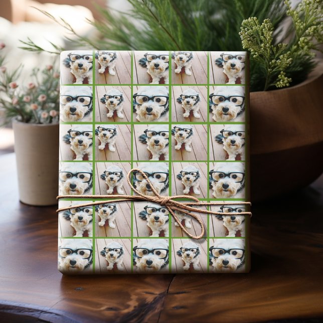 Papel De Presente 4 Colagem de Fotos com Verde de Feriado (Personalized Photo Wrapping Paper)
