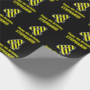 Papel De Presente "4" listrado preto & amarelo; 4o Aniversário +