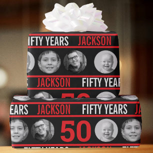 Papel De Presente 50º aniversário personalizado foto vermelho e pret