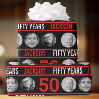 Papel De Presente 50º aniversário personalizado foto vermelho e pret