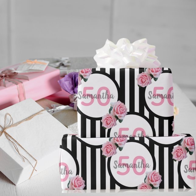 Papel De Presente 50.º aniversário rosas rosa-chic, listras brancas  (Criador carregado)