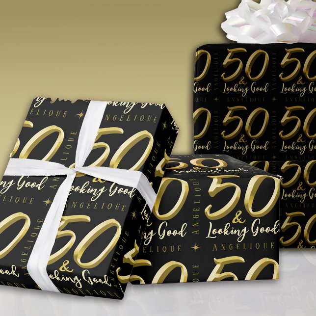 Papel De Presente 50 e parece bom aniversário Dourado (Criador carregado)