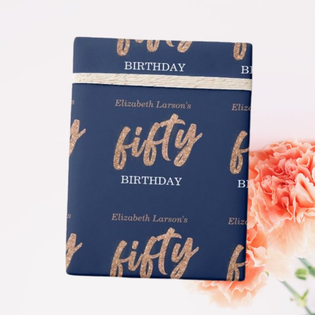 Papel De Presente 50th Birthday Party Modern Gold & Blue | Fifty (Criador carregado)