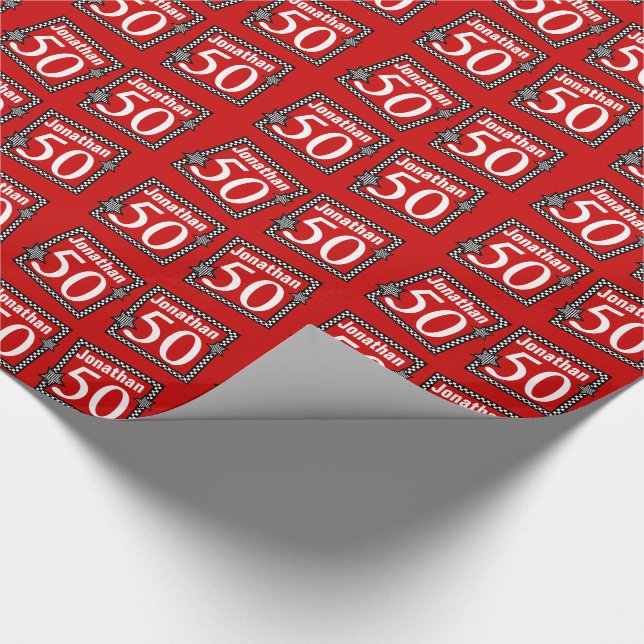 Papel De Presente 50th Vermelho do aniversário com estrelas (Ponta)